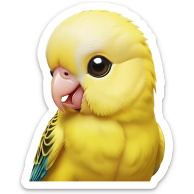 Cinematic Cute Yellow Budgie Portrait Emoji, Head tilted playfully and inquisitively, featuring a radiant yellow feathered fur with a natural sheen, round, sparkling dark eyes filled with curiosity, Simplified yet irresistibly adorable features, highly detailed, glowing with a warm, friendly glow, high shine, affectionate and lively, stylized with a touch of whimsy, bright and endearing, soft glowing outline, capturing the essence of a mischievous yet loving budgie, so playful it feels like it could chirp out of the screen and into your arms! sticker