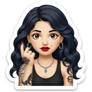 I want to create a female emoji with long black wavy hair and arm tattoo with her nose pierced and black lip stick sticker