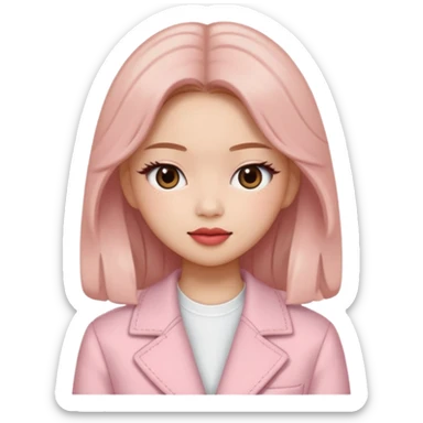“Cartoon emoji of Jennie from BLACKPINK, heart-shaped face, almond upturned eyes, defined jawline, soft blush, chic expression sticker
