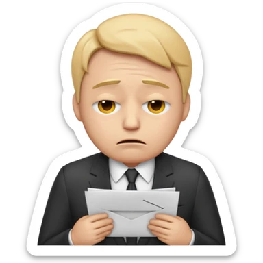  emoji character wearing a suit. face has a very sad crying, disappointed expression with drooping eyebrows and half-closed eyes. posture is dejected, with slumped shoulders just rejected from his interview to get a job, holding cv. dont relate to any gender sticker