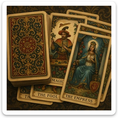 highly detailed tarot deck with decorative card backs, classic Victorian motifs, rich colors, cards stacked and slightly spread sticker