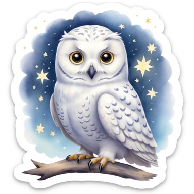 A hand-drawn fantasy illustration of Hedwig, Harry Potter’s snowy owl, with soft watercolor style, gentle pastel tones, magical sparkles in the air, cozy wizarding atmosphere, storybook illustration, high detail, whimsical and warm mood. sticker