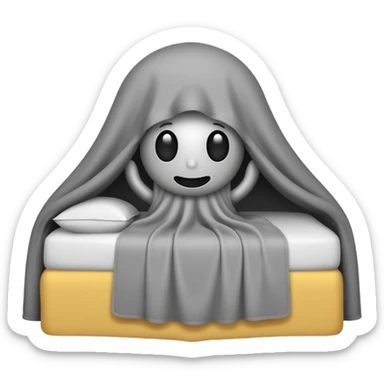 Minimalist emoji-style sticker of a bed with a covered figure and something strange peeking out from underneath. Grayscale only, simple icon.

 sticker