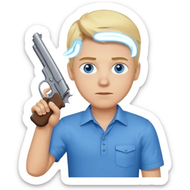 A blonde guy with blue eyes and blue shirt holding a gun sticker