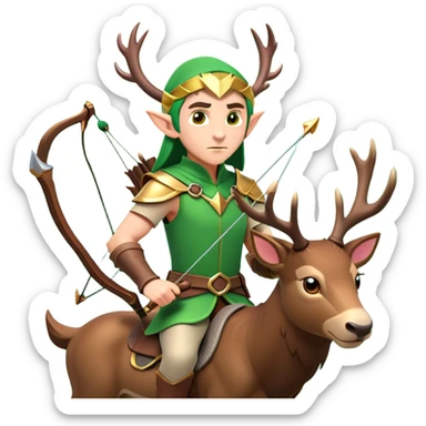 clash-of-clans-aesthetic-focused-elf-archer-portrait-emoji, rendered in a flat, vector-style with minimal shading and bold, simplified shapes, head tilted slightly forward with a determined, focused expression, riding a majestic stag whose luminous antlers glow with mystical energy, set against an ancient, enchanted forest backdrop. sticker