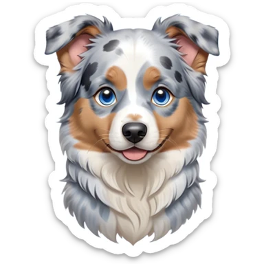 Cinematic Cute Tan Point Blue Merle Australian Shepherd Portrait Emoji, Head tilted playfully and inquisitively, soft blue merle fur accented by vibrant tan points and subtle white markings, round, sparkling blue eyes filled with curiosity, Simplified yet irresistibly adorable features, highly detailed, glowing with a warm, friendly glow, high shine, affectionate and lively, stylized with a touch of whimsy, bright and endearing, soft glowing outline, capturing the essence of a mischievous yet loving pup, so playful it feels like it could bound out of the screen and into your arms! sticker