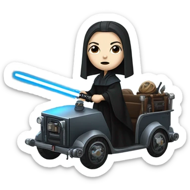 Wednesday Addams Jedi bounty hunter driving a modern blue and pewter steampunk electric wagon sticker