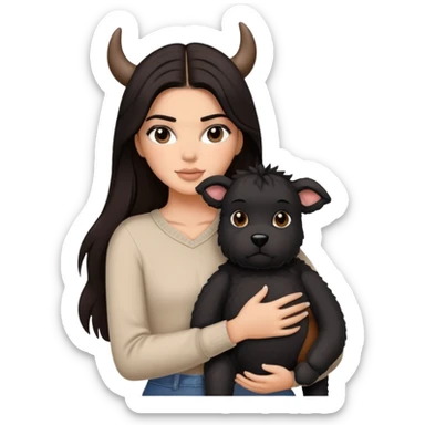 Kendall Jenner with long dark hair holding a brown teddy bear, a black schnauzer and a cow cat in her arms sticker