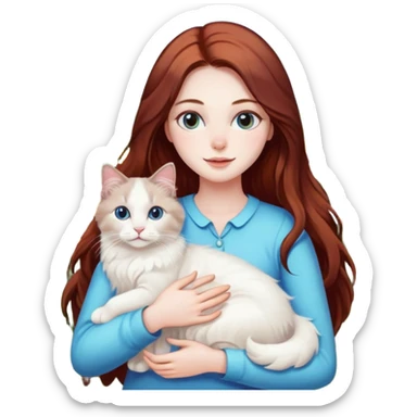 A woman with long dark auburn hair holding a white ragdoll cat in a field of flowers sticker