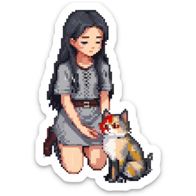 beautiful girl with long black hair kneeling petting a gray and blonde mixed cat looking up at her, pixel art style sticker