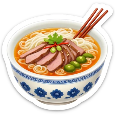 Guilin rice noodles with pickles and meat in soup, simplified emoji style with bold outlines and bright colors, cartoon style Guangxi specialty Mi Fen sticker