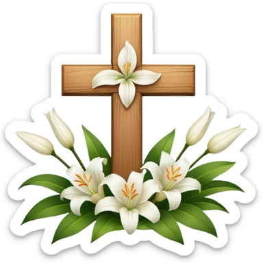 A wooden cross with white lilies around the bottom. sticker