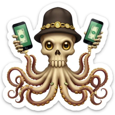 satanic octopus skeleton. Evil looking eyes, wearing a gold necklace and backwards hat. 2 tentacles are holding their own cellphones, 2 other tentacles are holding stacks of cash sticker