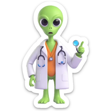 green alien dressed as a doctor, stethoscope, medical coat, friendly expression sticker