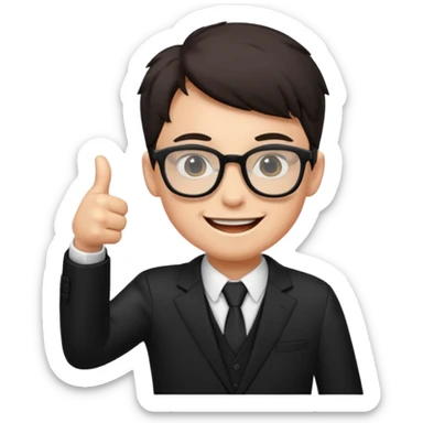 un estudiante con terno negro que este parado con sus lentes guiñando el ojo y CON LAS MANOS HACIA ARRIBA DANDO LIKE sticker