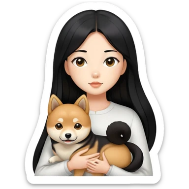 A girl with long black straight hair holding a black Shiba Inu sticker