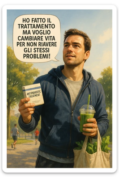 A realistic, cinematic illustration of a man in his early 30s with a determined and hopeful expression, standing outside under a bright morning sky, holding a small box labeled 'Antiparasitic Treatment' in one hand, while in the other hand he holds a fresh green smoothie or a bag of vegetables. A speech bubble near him says: ‘Ho fatto il trattamento ma voglio cambiare vita per non riavere gli stessi problemi!’ The man is wearing casual but clean and sporty clothing, symbolizing a fresh start, with the background showing a city park with green trees, morning light, and people jogging, indicating a healthy lifestyle. The atmosphere is bright, uplifting, and motivating, clearly illustrating the transition from treatment to lifestyle change to prevent future health issues. The style is realistic with warm tones, showing positive energy and commitment to change in italiano sticker