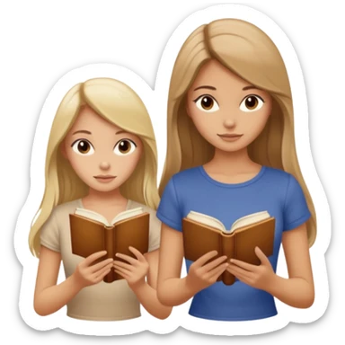 two beautiful girls in beige tops reading a beautiful vintage book. one is brown-haired, the other is blonde. both have long hair with sticker