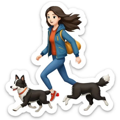 A beautiful tall girl with fair skin and long hair wearing a jacket and running with a Border Collie sticker