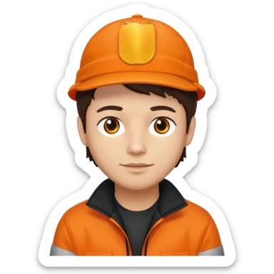 Kindly Keyin (male) with light skin, dark brown hair, orange cap and shirt, black jacket sticker