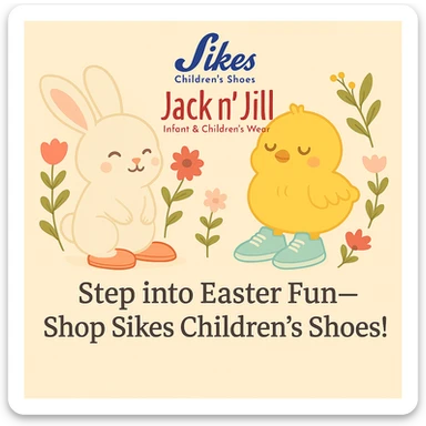 Reduce the size of the Sikes Children's Shoes logo so it is smaller and less dominant in the design. Keep the pastel background, bunny and chick with shoes, floral accents, and the headline: 'Step into Easter Fun—Shop Sikes Children’s Shoes!'. Logo should remain in the same position, just smaller. sticker