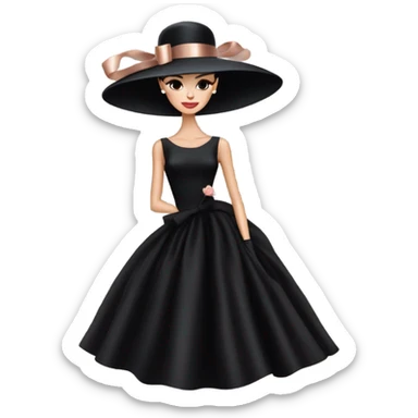 Audrey Hepburn wearing Big black hat with rose gold billowing ribbon tied in a bow and a long black midi dress with ruffled hem  sticker