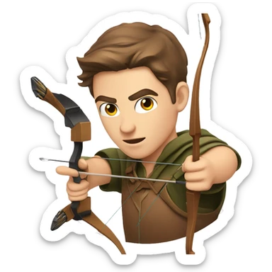 a male archer aiming with a bow looking at his target, brown hair, bright skin, sticker