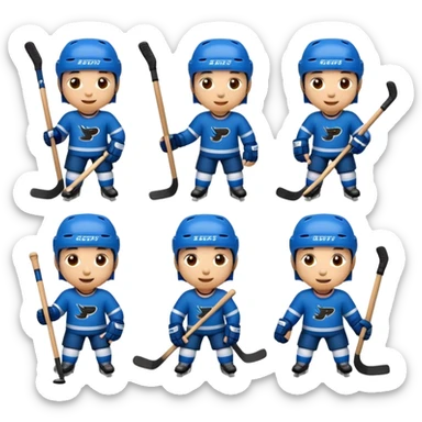 Set of 8 hockey sticker emojis for kids: happy player with a puck, tired player, celebratory player, player cheering, hockey helmet, hockey stick, ice rink, and team logo. sticker