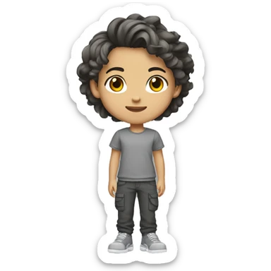Teenager with gray sneakers, black cargo pants, gray T-shirt, medium-length hairstyle, brunette hair, light skin, full length sticker