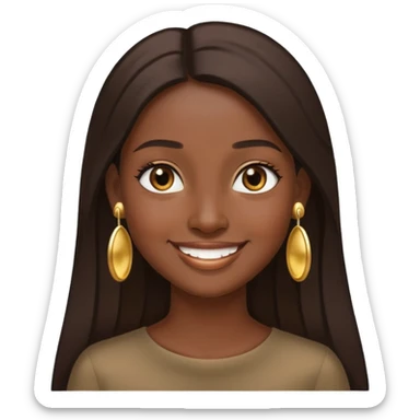 Girl showing happiness, dark skin tone, long straight dark brown hair, gold earrings sticker