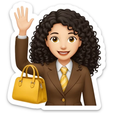 medium deep tan brown business woman with long black curly hair, waving hand with happy face with smile mouth and carrying bag on her shoulder and the other hand holding yellow stanley tumblr sticker