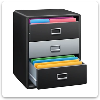 black filing cabinet with open bottom drawer with colorful folders sticker