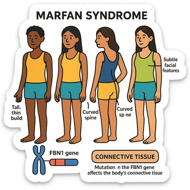 Create a clean, professional scientific poster style educational graphic highlighting Marfan syndrome in a diverse group of women (Black, Asian, Latina, Middle Eastern). Show tall, thin female figures with long limbs and fingers, curved spine, chest deformity, and subtle facial features, with precise anatomical labels. Include a section illustrating the genetic basis of Marfan syndrome with a labeled diagram of the FBN1 gene and its role in connective tissue, plus a brief explanatory caption. Maintain a clean, professional layout suitable for a scientific poster. sticker