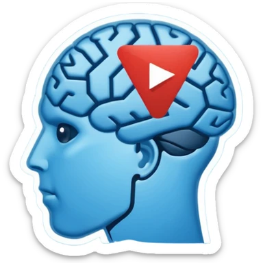 Minimalist flat icon design, brain silhouette with YouTube play button triangle integrated inside, clean vector style, single color or gradient, simple lines, professional logo style, white background, centered composition sticker