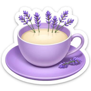 White teacup on a pastel purple plate, lavender flowers on the side, pastelcore aesthetic sticker