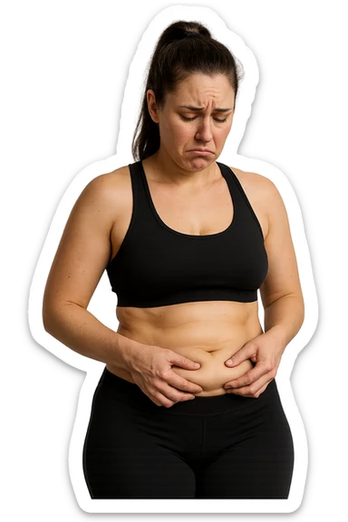 DONNA FITNESS CON GRASSO SULLA PANCIA, SI TOCCA LA PANCIA CON ESPRESSIONE TRISTE IN VOLTO, IPERREALISTICA 4K sticker