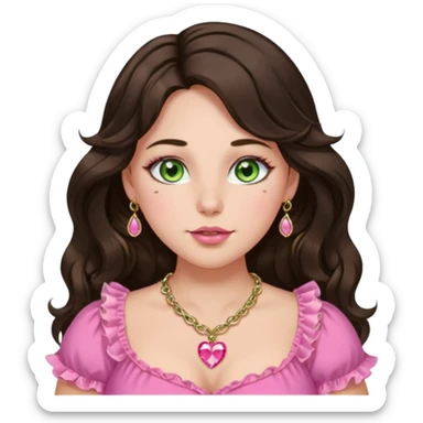 Girl girl with long wavy dark brown hair with middle part, green gold eyes, plus size, pink frilly top, right nostril gold nose ring, small pink heart crystal necklace  sticker