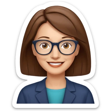 emoji of a woman in her 50s, shoulder-length brown hair, wearing glasses, friendly smile sticker