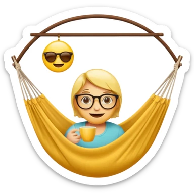 Créer un emoji stylisé et coloré représentant le week-end, joyeux et relaxant. L’emoji doit être rond, lumineux, avec un visage souriant ou des lunettes de soleil. Ajouter des éléments évoquant le repos ou le plaisir : café, hamac, soleil, musique, détente.  sticker