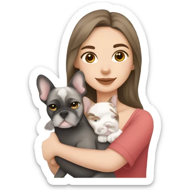 brunette hair girl cuddling a black and white frenchbulldog and a lynx point tabby cat sticker