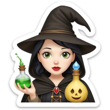 Snow White witch with exaggerated features, pale skin, facing camera, holding a potion bottle, emoji style sticker