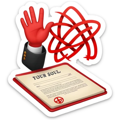 Minimalist emoji-style sticker of a hand signing a contract that says “YOUR SOUL” in bold letters, red ink, pentagram seal sticker