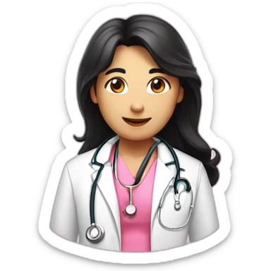 Long black hair doctor in pink undershirt white coat over pink stethoscope  sticker