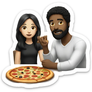 white man with black hair and beard sitting at a table eating pizza with small white girl with black hair sticker