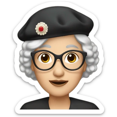 sixty years old lady with black hairs and black dress wearing a French beret sticker