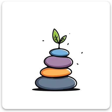 A zen-like balanced stack of colorful stones in blues, purples, and oranges with a small green plant growing beside it, representing balance and stress relief. Hand-drawn doodle style with vibrant colors. sticker