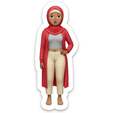 Heavy-set woman with medium-brown skin wearing a light red hijab, cream top, light red pants, tan shoes, and a grey prosthetic leg. Standing confidently with one hand on her hip sticker