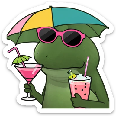 Bufo frog in a dancing pose, with colorful umbrella hat, oversized sunglasses, holding a pink cocktail with a straw, classic Bufo meme style, no background. sticker