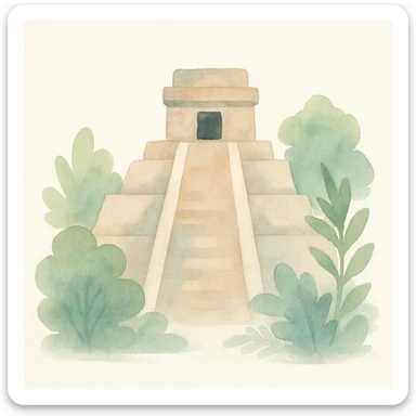 Mayan temple, soft brush strokes, lush greenery, ancient stone details, watercolor art style sticker