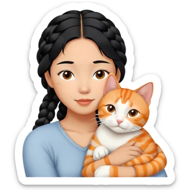 Young Asian woman with braided black hair cuddling a white and orange tabby cat, gentle embrace, affectionate pose sticker